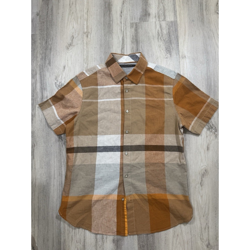 Sean John Mens Large Brown Plaid Linen Blend Short Sleeve Button Down Shirt